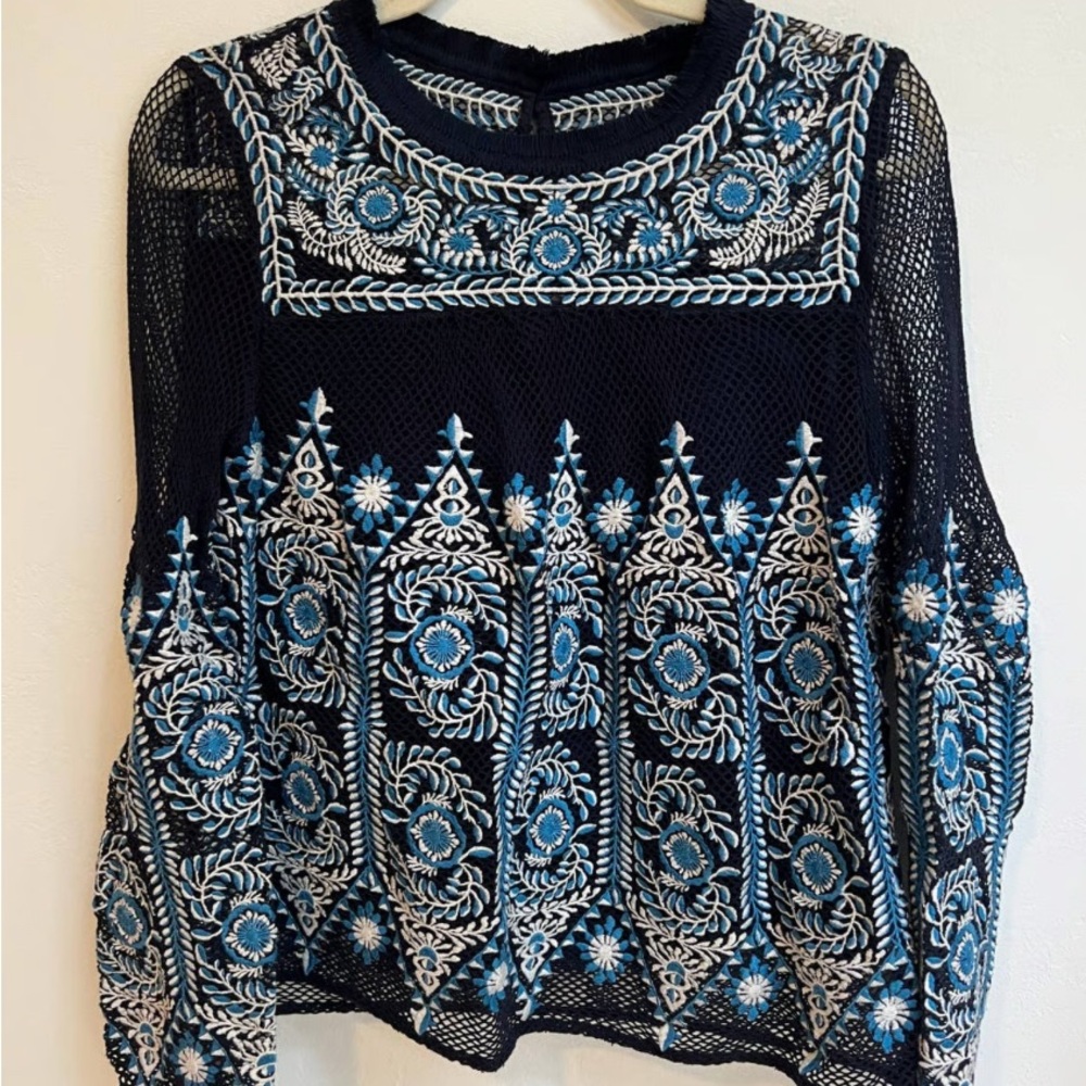 Sea New York Embroidered Mesh Top - Blue and White size 0
